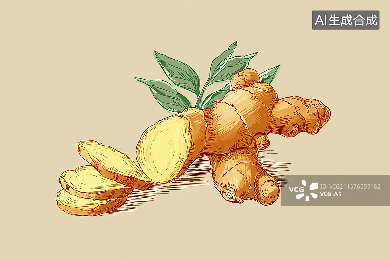 【AI数字艺术】黄色背景，新鲜的切片的生姜图片素材