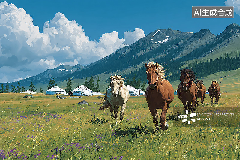 【AI数字艺术】蒙古草原上奔跑的骏马，远处的蒙古包建筑图片素材