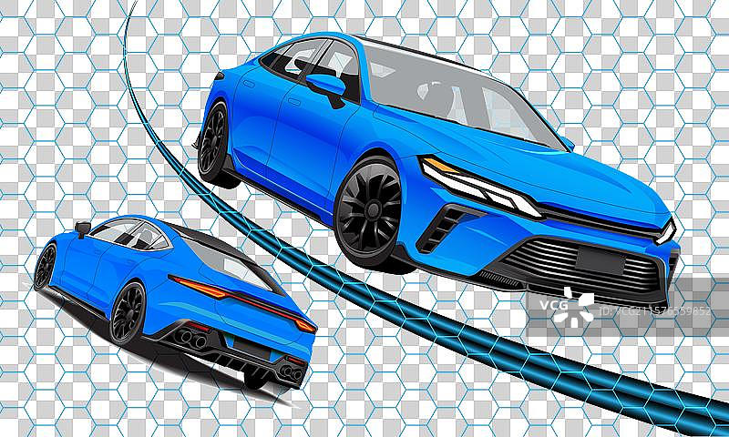 逼真的蓝色运动轿车前视图和侧视图图片素材