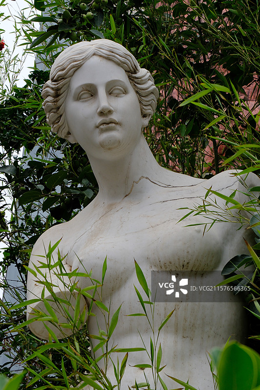校园雕塑。大理石女性雕像。断臂维纳斯。竹林。竹子图片素材