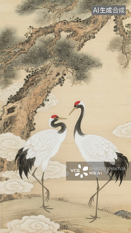 【AI数字艺术】中国传统水墨画国画，松鹤寿图图片素材