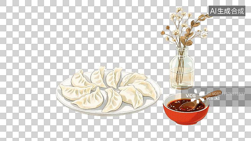 【AI数字艺术】饺子配蘸料插画元素图片素材