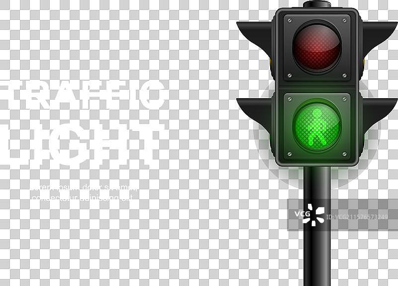 逼真的悬挂交通信号灯，显示绿色图片素材