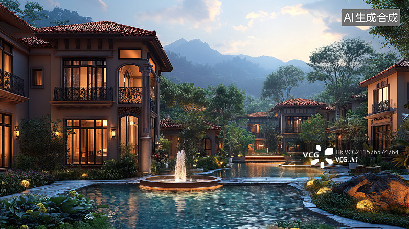 【AI数字艺术】山间欧式别墅建筑喷泉建筑夜景图片素材