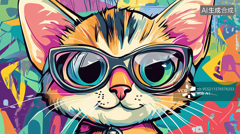 【AI数字艺术】戴眼镜的彩色猫咪艺术插画图片素材