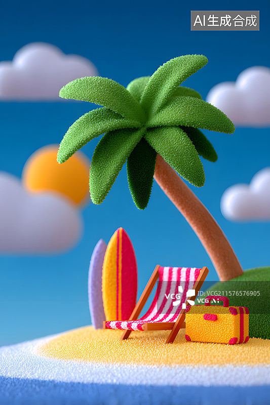 【AI数字艺术】夏天海滩自驾游的3D场景插画图片素材