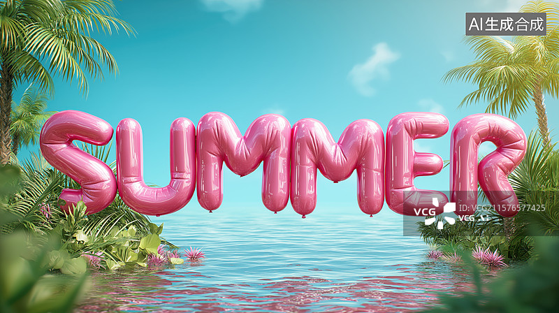 【AI数字艺术】夏日海滩上的粉色气球字母图片素材