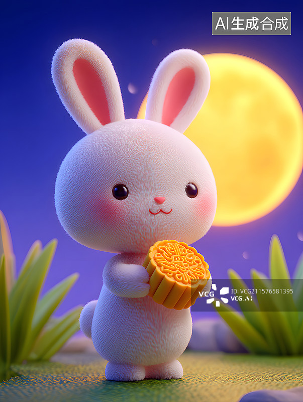 【AI数字艺术】玉兔赏月庆中秋节节日插画图片素材