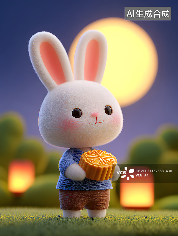 【AI数字艺术】玉兔赏月庆中秋节节日插画图片素材