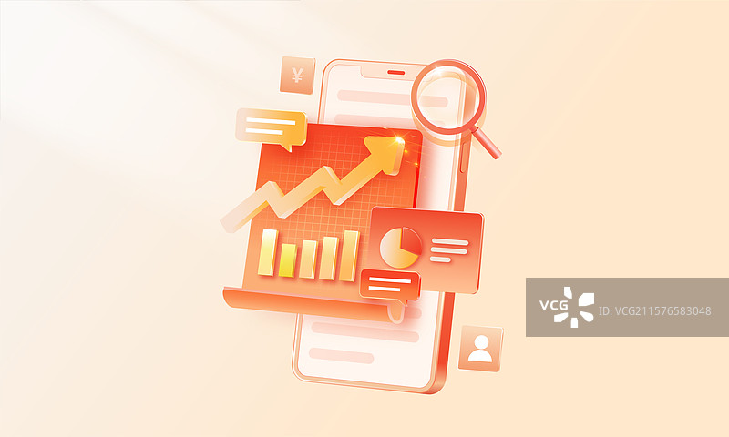 手机上数据增长柱状图和上涨箭头饼图图片素材