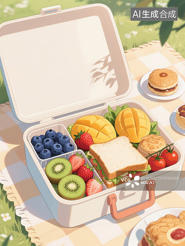 【AI数字艺术】动漫插画，早餐盒，野餐盒里分布着蓝莓、猕猴桃、草莓、芒果、点心、圣女果、三明治图片素材