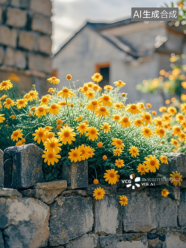 【AI数字艺术】斑驳的石砌外墙上，长出了很多漂亮的小雏菊，唯美图片素材