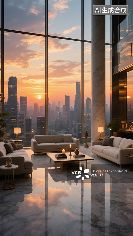 【AI数字艺术】城市之巅，夕阳的余晖透过巨大的落地窗，洒落在这宽敞的客厅图片素材