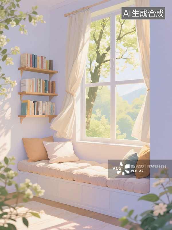 【AI数字艺术】治愈系插画，春天清晨，房间飘窗位置，带有窗帘，飘窗上铺着软垫，有枕头和靠枕图片素材