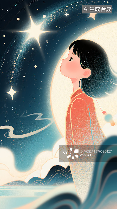 【AI数字艺术】夜晚星空和女生插画图片素材
