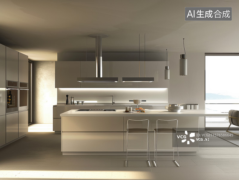 【AI数字艺术】现代极简风厨房岛台空间设计图片素材