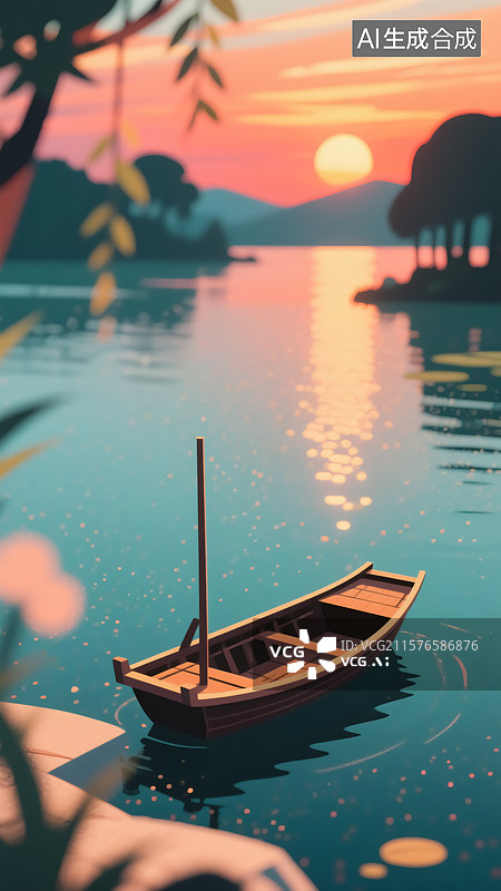 【AI数字艺术】渔船湖泊夕阳插画图片素材