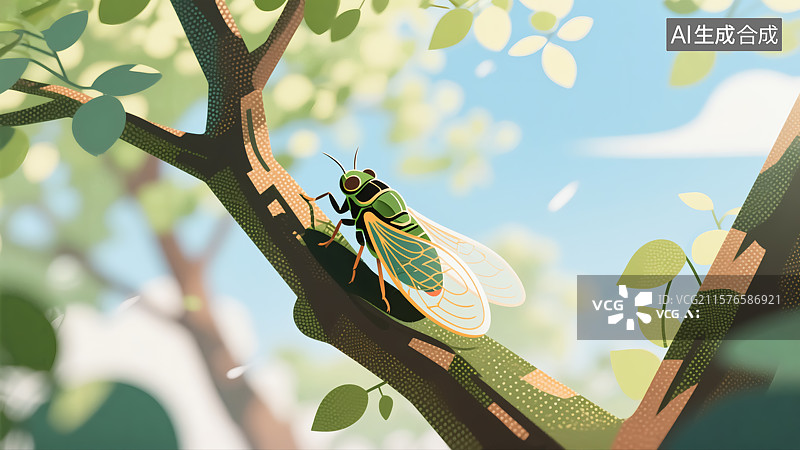 【AI数字艺术】夏天绿色树林里的蝉插画图片素材