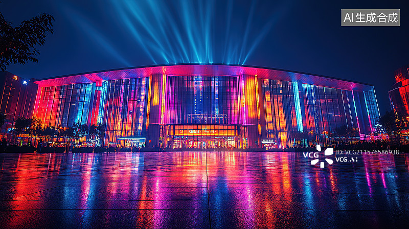 【AI数字艺术】夜晚彩色灯光下城市文化艺术中心的场馆建筑道路背景图片素材
