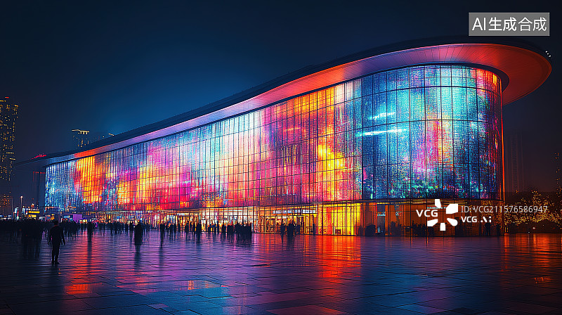 【AI数字艺术】夜晚彩色灯光下城市文化艺术中心的场馆建筑道路背景图片素材