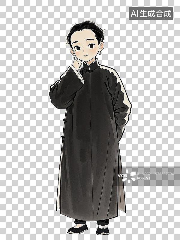 【AI数字艺术】清代市井q版卡通人物水墨插画图片素材