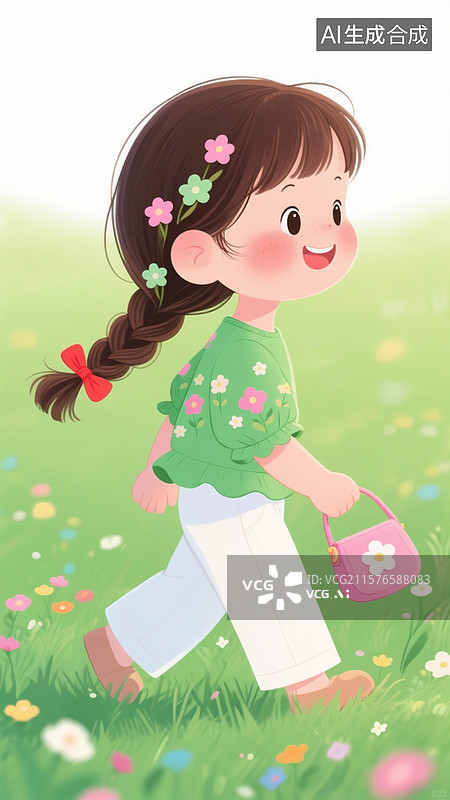 【AI数字艺术】绿色草地，一个活泼甜美小女孩，穿绿色荷叶边短袖上衣且绣着精致花朵图案、白色裤子，提着粉色花朵小挎包图片素材