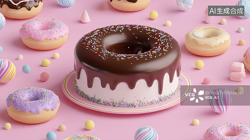 【AI数字艺术】巧克力蛋糕与甜甜圈的甜美组合图片素材