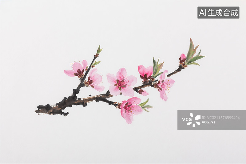 【AI数字艺术】中国画水墨画桃花枝头特写图片素材