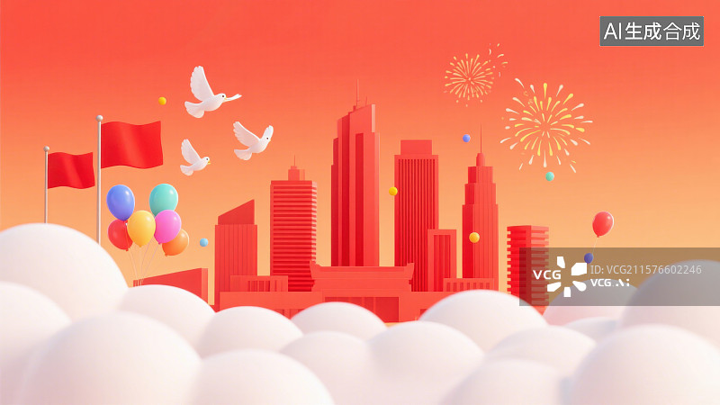 【AI数字艺术】3D三维卡通国庆节劳动节建军节城市建筑红旗中国风国潮插画图片素材
