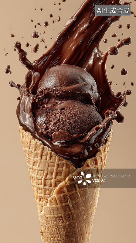 【AI数字艺术】巧克力冰淇淋球与酱料飞溅的瞬间图片素材