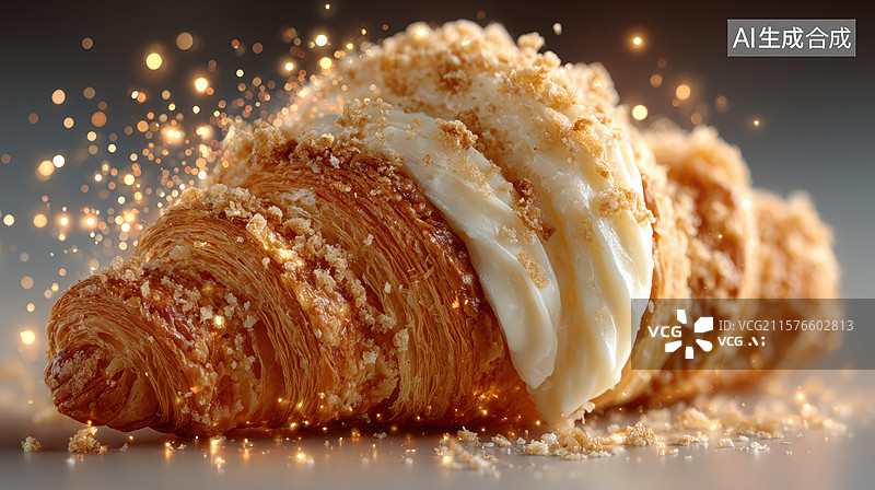 【AI数字艺术】奶油填充的酥脆羊角面包图片素材