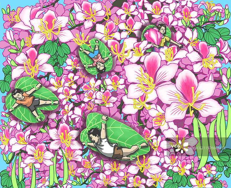 创意想象一家四口缩小了在紫荆花树是撒欢图片素材