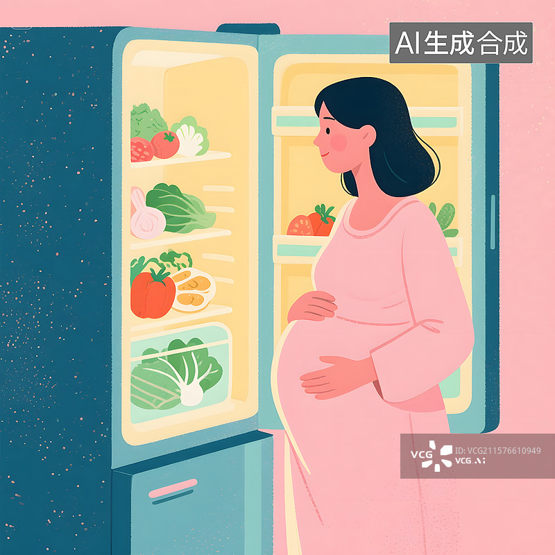 【AI数字艺术】卡通手绘孕妇站在冰箱前面插画图片素材