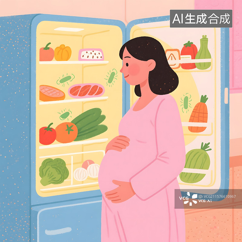 【AI数字艺术】卡通手绘孕妇站在冰箱前面插画图片素材