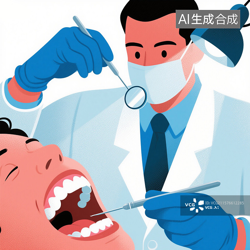 【AI数字艺术】卡通手绘医生检查牙齿牙龈插画图片素材
