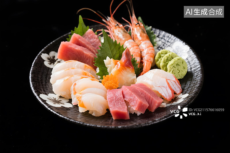 【AI数字艺术】日本海鲜刺身拼盘黑色背景图片素材