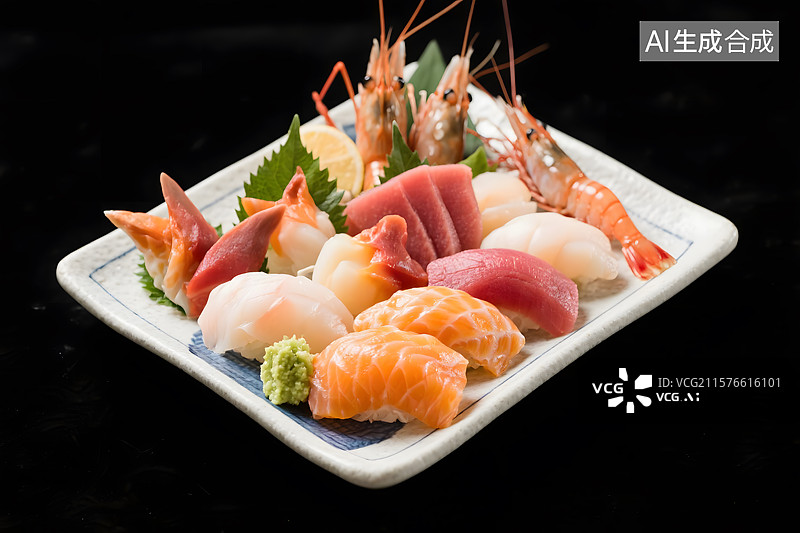【AI数字艺术】日本海鲜刺身拼盘黑色背景图片素材
