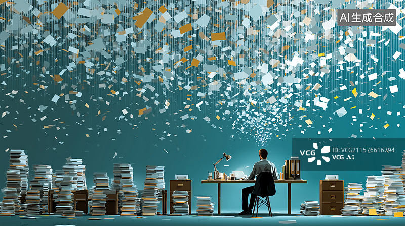 【AI数字艺术】办公桌前的男子与纸张瀑布图片素材