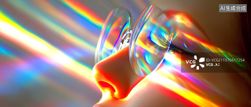 【AI数字艺术】彩虹光效下的眼镜特写图片素材