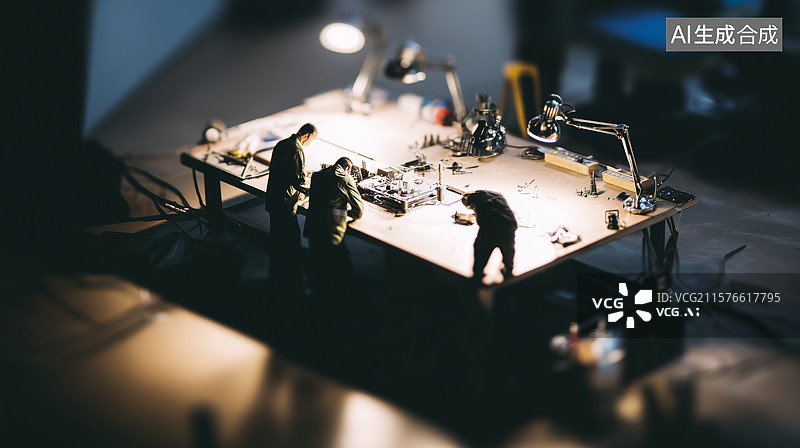 【AI数字艺术】微型工作场景：人物在灯光下忙碌图片素材