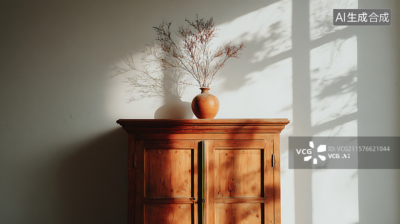 【AI数字艺术】复古木质柜子，上面摆放着一个空花瓶，置于洁净的白墙前，沐浴在柔和的自然窗光中，投下优雅的长影，极简主图片素材