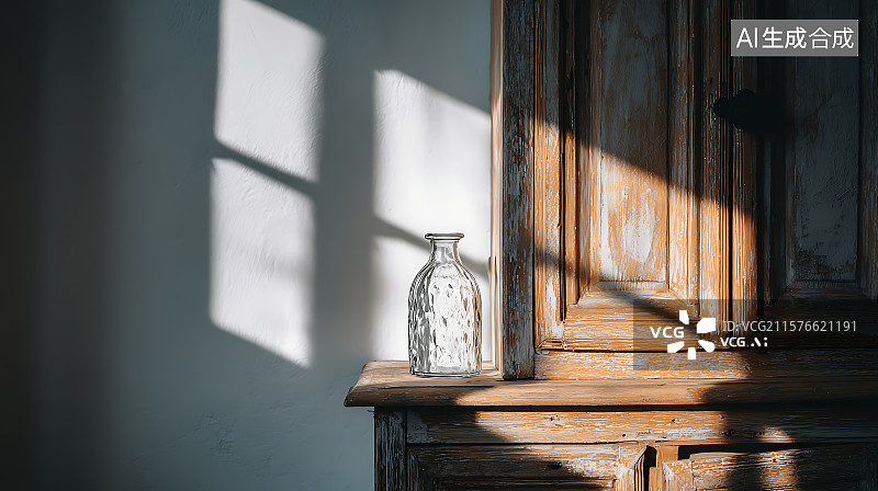 【AI数字艺术】复古木质柜子，上面摆放着一个空花瓶，置于洁净的白墙前，沐浴在柔和的自然窗光中，投下优雅的长影，极简主图片素材