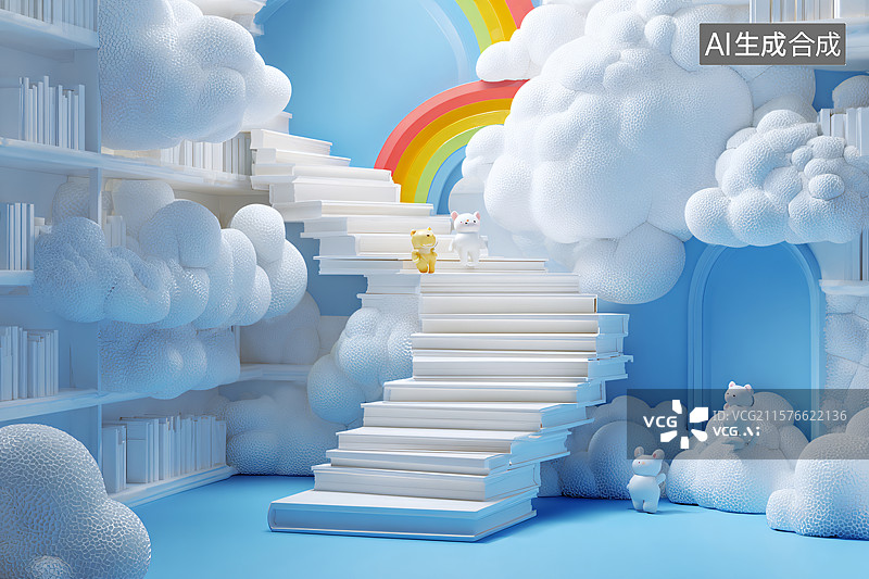 【AI数字艺术】梦幻云端彩虹图书馆图片素材