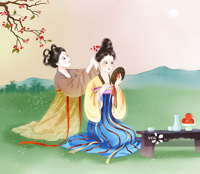 重阳节佩茱萸姐妹游玩场景故事插画图片素材