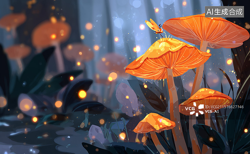 【AI数字艺术】梦幻森林中的橙色伞菌图片素材