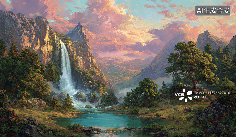 【AI数字艺术】山间瀑布与湖景图片素材