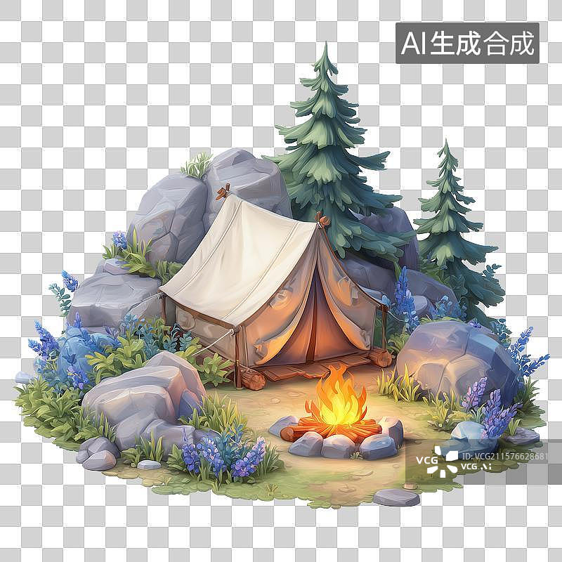 【AI数字艺术】野外露营帐篷篝火插画图片素材