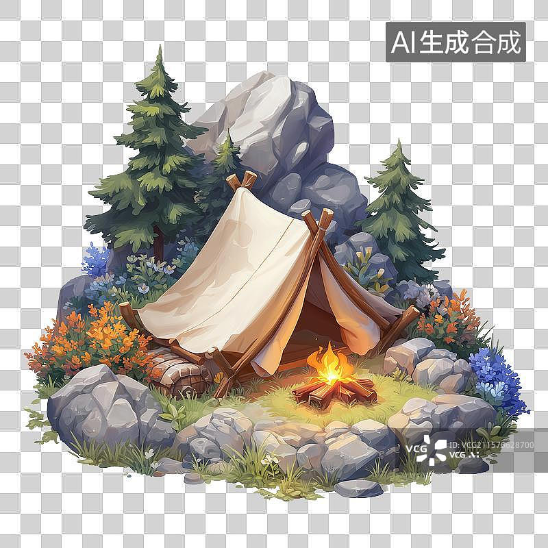 【AI数字艺术】野外露营帐篷篝火插画图片素材
