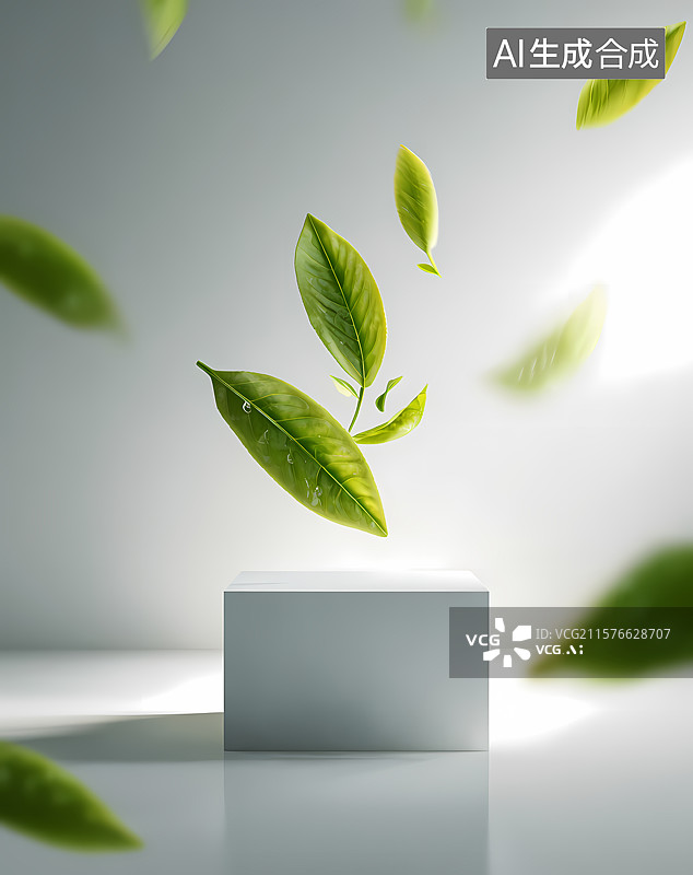【AI数字艺术】悬浮绿叶与白色立方体图片素材