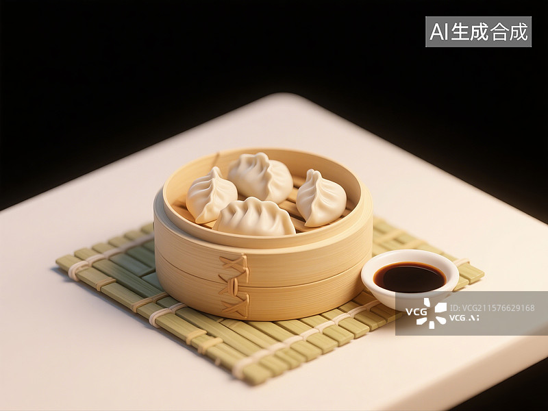 【AI数字艺术】3D渲染，蘸水，陈醋蘸料，广式早茶茶点虾饺皇，虾饺，蒸饺，蒸笼里的饺子图片素材